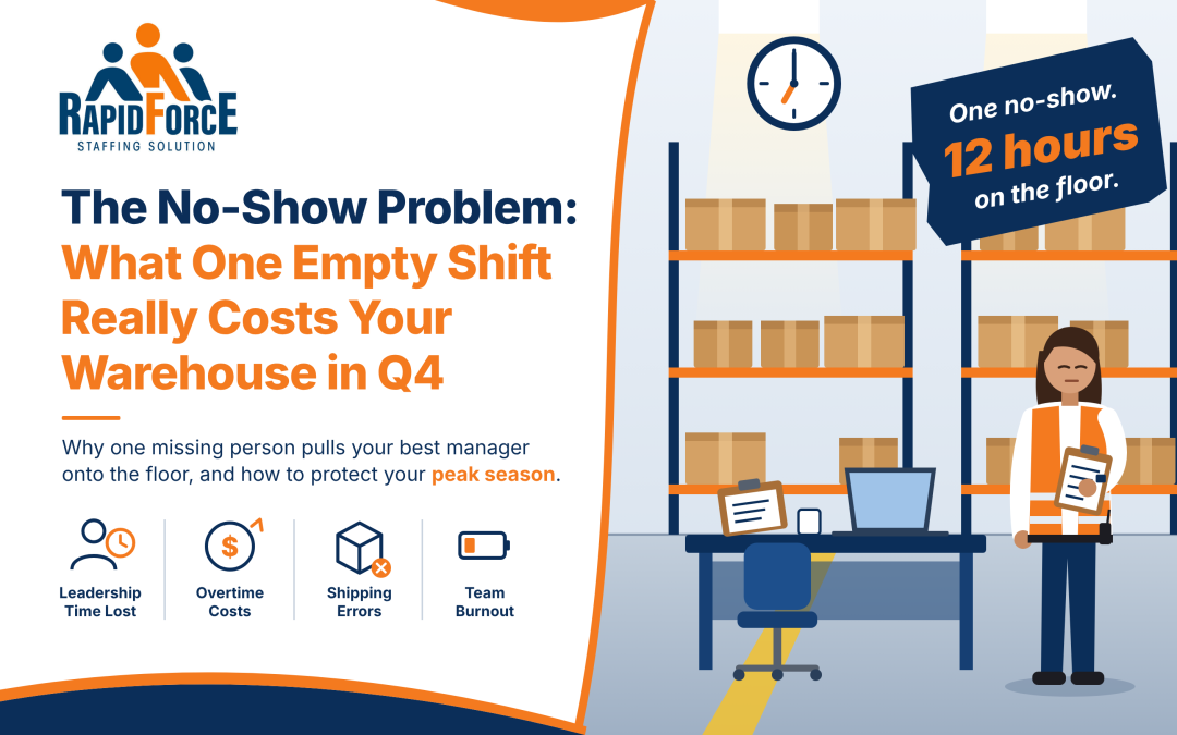 Operations manager covering an empty warehouse shift during peak season, representing the cost of a no-show employee